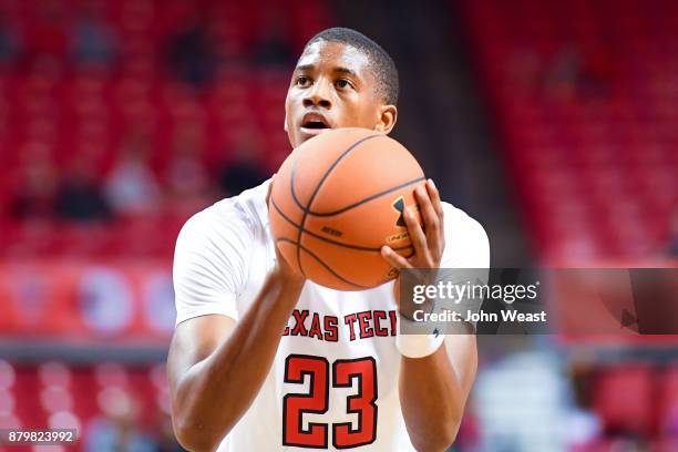 Jarrett Culver of the Texas Tech Red Raiders shoots a free throw during the game against the Wofford Terriers on November 22, 2017 at United...