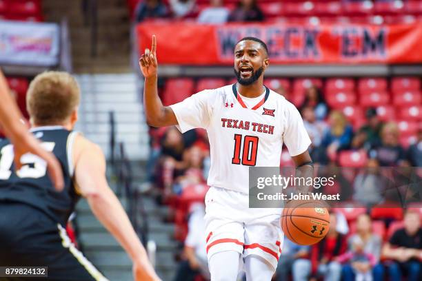 Niem Stevenson of the Texas Tech Red Raiders sets the play during the game against the Wofford Terriers on November 22, 2017 at United Supermarkets...