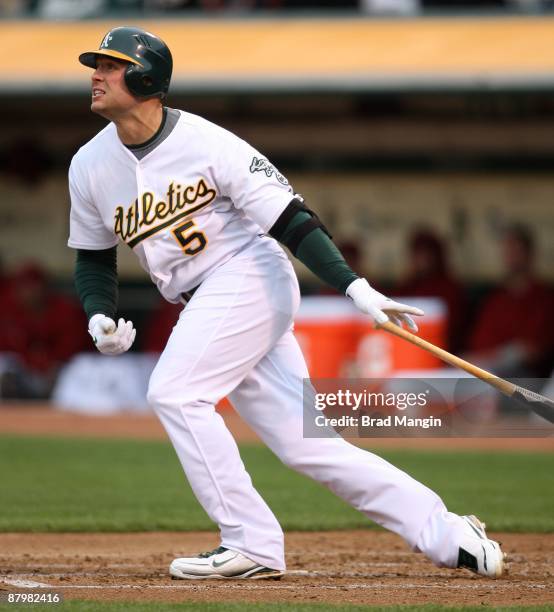 Matt Holliday of the Oakland Athletics bats against the Arizona Diamondbacks during the game at Oakland-Alameda County Coliseum on May 23, 2009 in...