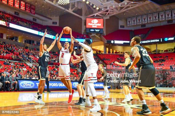 Zhaire Smith of the Texas Tech Red Raiders goes to the basket during the game against the Wofford Terriers on November 22, 2017 at United...