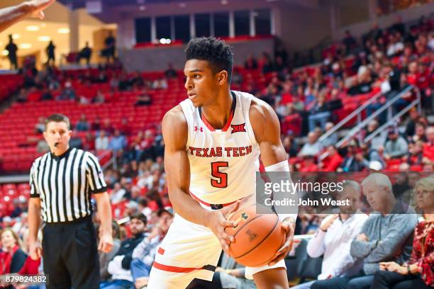Justin Gray of the Texas Tech Red Raiders handles the ball during the game against the Wofford Terriers on November 22, 2017 at United Supermarkets...