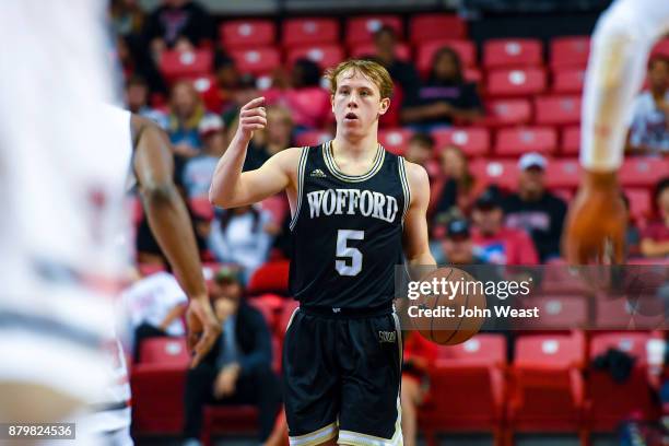 Storm Murphy of the Wofford Terriers brings the ball up court during the game against the Texas Tech Red Raiders on November 22, 2017 at United...