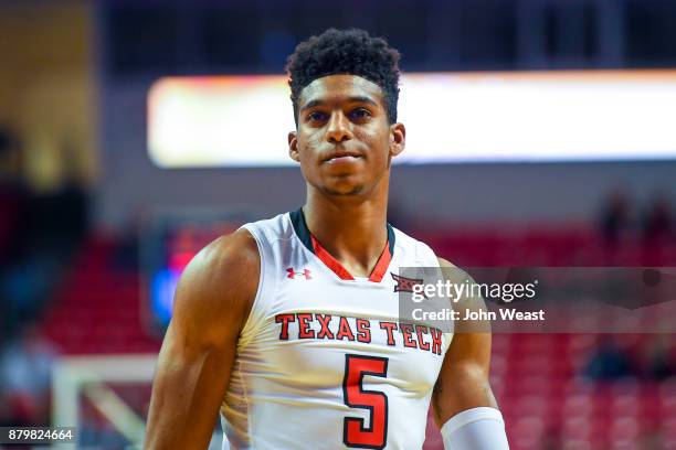 Justin Gray of the Texas Tech Red Raiders stands on the court during the game between the Texas Tech Red Raiders and the Wofford Terriers on November...