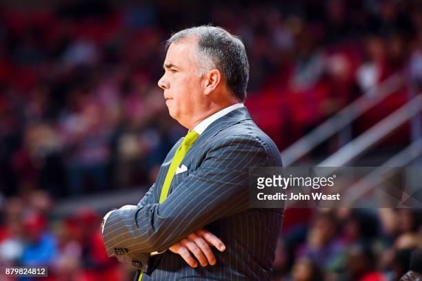Head coach Mike Young of the Wofford Terriers watches his team perform during the game between the Texas Tech Red Raiders and the Wofford Terriers on...