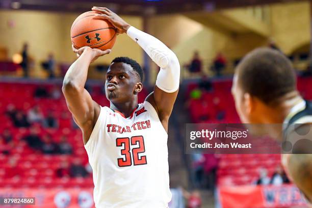 Norense Odiase of the Texas Tech Red Raiders shoots a free throw during the game against the Wofford Terriers on November 22, 2017 at United...