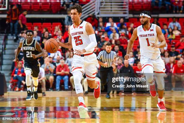 Davide Moretti of the Texas Tech Red Raiders brings the ball up court during the game against the Wofford Terriers on November 22, 2017 at United...