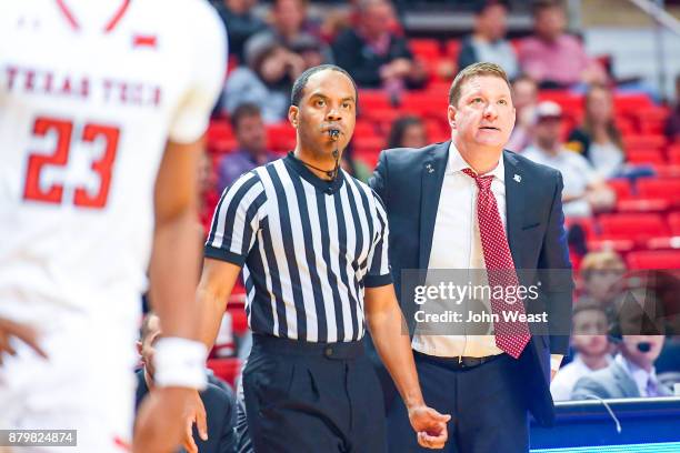 Head coach Chris Beard of the Texas Tech Red Raiders watches play on the court during the game against the Wofford Terriers on November 22, 2017 at...