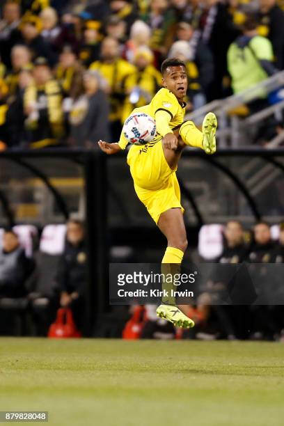 Ola Kamara of the Columbus Crew SC attempts to knock down the ball during the match against the Toronto FC at MAPFRE Stadium on November 21, 2017 in...