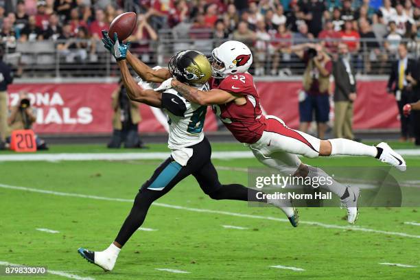 Keelan Cole of the Jacksonville Jaguars is unable to complete the pass against Tyrann Mathieu of the Arizona Cardinals in the first half at...