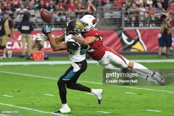 Keelan Cole of the Jacksonville Jaguars is unable to complete the pass against Tyrann Mathieu of the Arizona Cardinals in the first half at...