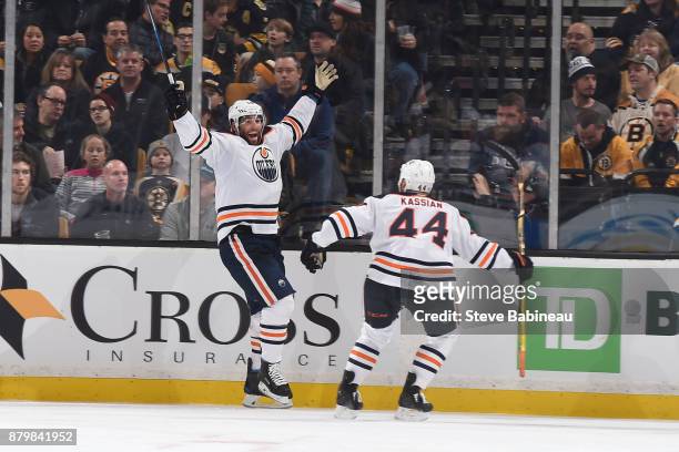Patrick Maroon and Zack Kassian of the Edmonton Oilers celebrate a goal in the second period against the Boston Bruins at the TD Garden on November...