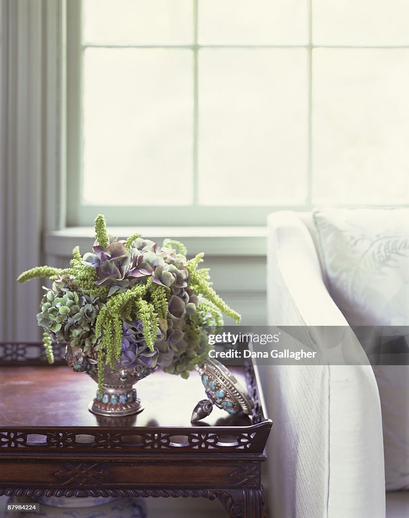 Hydrangea arrangement on elegant end table