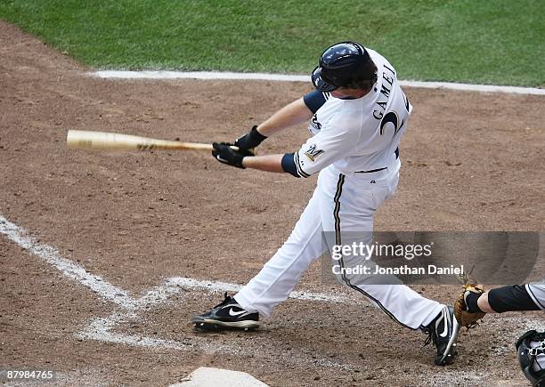 Mat Gamel of the Milwaukee Brewers swings at a pitch against the Florida Marlins on May 14, 2009 at Miller Park in Milwaukee, Wisconsin. The Brewers...