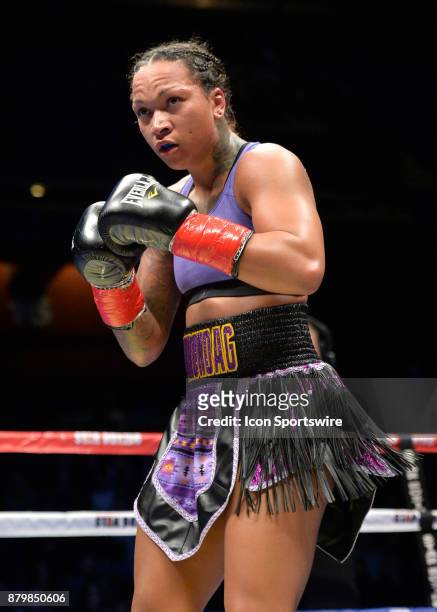 Kali Reis takes on Tiffany Woodard in a Middleweight bout on November 25, 2017 at the Mohegan Sun Arena in Uncasville, Connecticut. Kali Reis defeats...