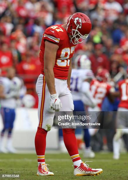 Kansas City Chiefs tight end Travis Kelce hangs his head in dejection after Buffalo Bills cornerback Tre'Davious White intercepted a pass late in the...