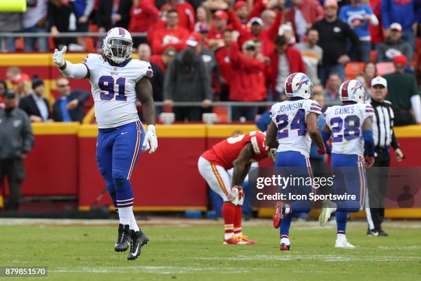 Buffalo Bills defensive tackle Cedric Thornton celebrates after teammate Tre'Davious White intercepted a pass late in the fourth quarter to seal the...