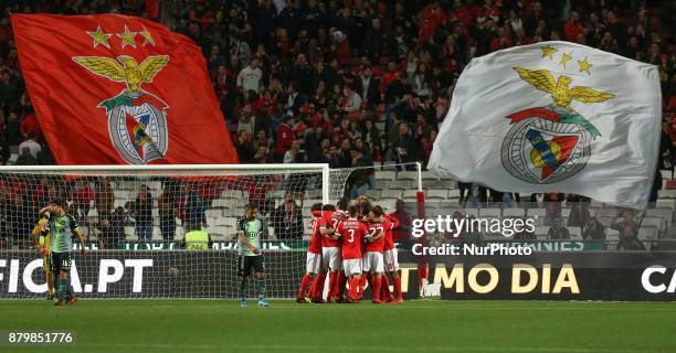 Benficas defender Luisao from Brazil celebrating with is team mate after scoring a goal during the Premier League 2017/18 match between SL Benfica...