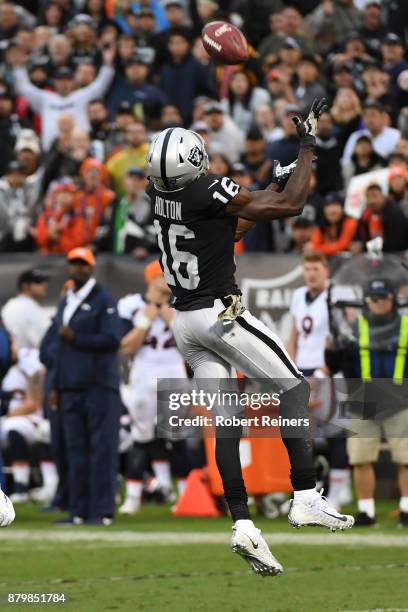 Johnny Holton of the Oakland Raiders makes a 47-yard catch against the Denver Broncos during their NFL game at Oakland-Alameda County Coliseum on...