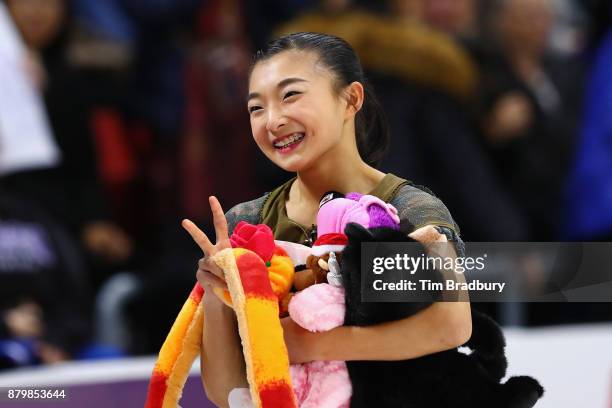 Kaori Sakamoto of Japan reacts after competing in the Ladies' Free Skate during day three of 2017 Bridgestone Skate America at Herb Brooks Arena on...