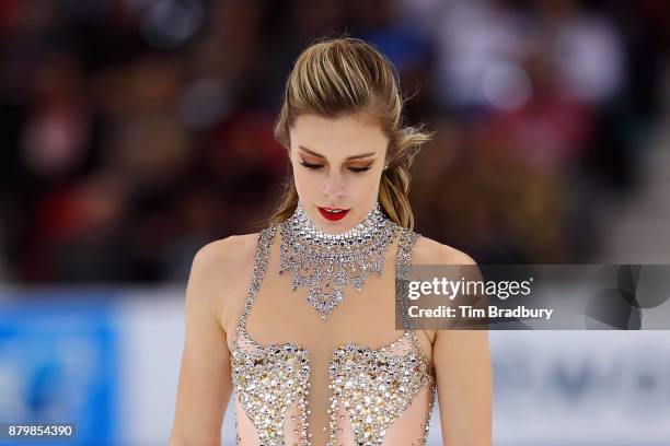 Ashley Wagner of the United States reacts as she withdraws from the Ladies' Free Skate due to medical reasons during day three of 2017 Bridgestone...