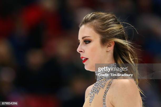 Ashley Wagner of the United States reacts as she withdraws from the Ladies' Free Skate due to medical reasons during day three of 2017 Bridgestone...