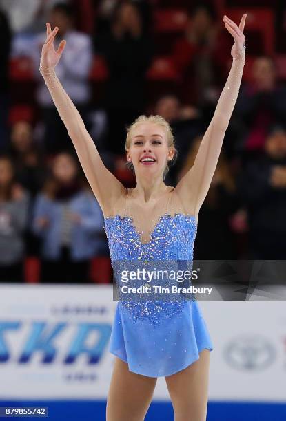 Bradie Tennell of the United States waves to fans after competing in the Ladies' Free Skate during day three of 2017 Bridgestone Skate America at...