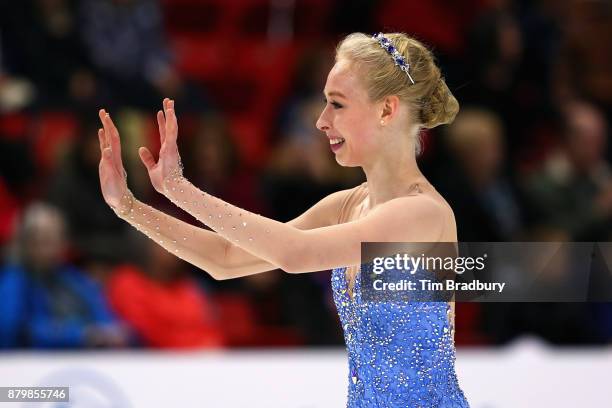 Bradie Tennell of the United States waves to fans after competing in the Ladies' Free Skate during day three of 2017 Bridgestone Skate America at...