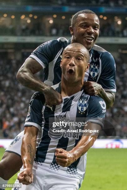 Carlos Sanchez of Monterrey celebrates with teammate Dorlan Pabon after scoring his team´s second goal during the quarter finals second leg match...