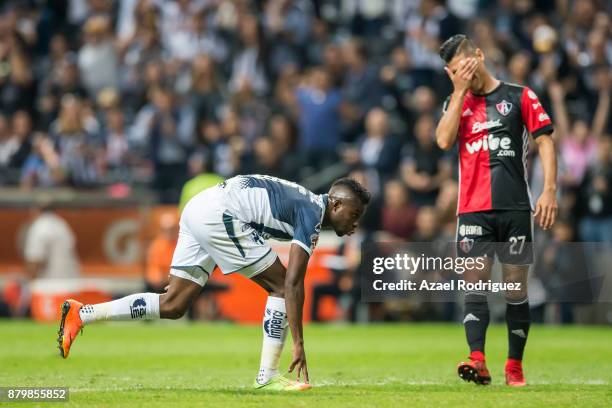 Aviles Hurtado of Monterrey celebrates after scoring his team´s third goal during the quarter finals second leg match between Tigres UANL and Leon as...