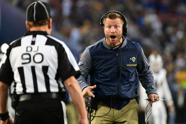 Head Coach Sean McVay of the Los Angeles Rams reacts after attempting to call a timeout but the referee did not hear during the against the New...