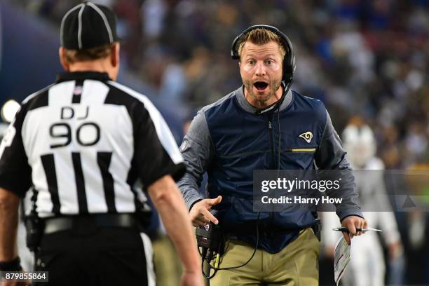 Head Coach Sean McVay of the Los Angeles Rams reacts after attempting to call a timeout but the referee did not hear during the against the New...