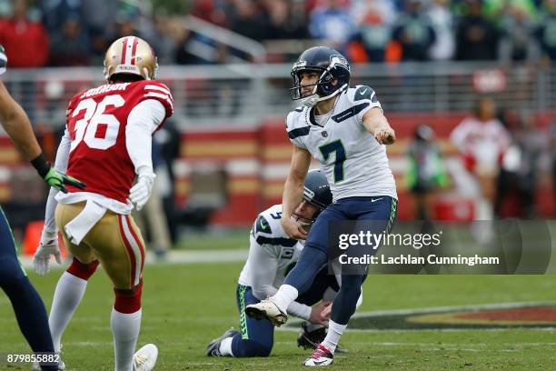 Blair Walsh of the Seattle Seahawks looks on as his field goal attempt missed against the San Francisco 49ers at Levi's Stadium on November 26, 2017...