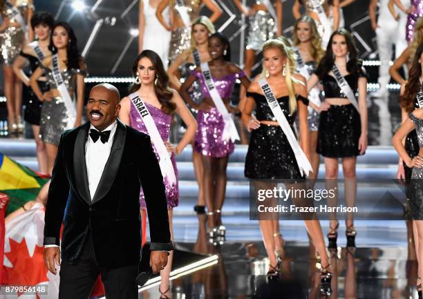 Television personality and host Steve Harvey appears during the 2017 Miss Universe Pageant at The Axis at Planet Hollywood Resort & Casino on...