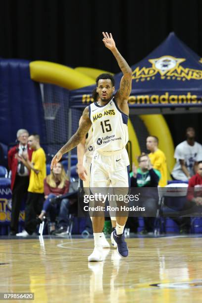 Walt Lemon Jr. #15 of the Fort Wayne Mad Ants after hitting a three on the Northern Arizona Suns during their NBDL game at Memorial Coliseum on...