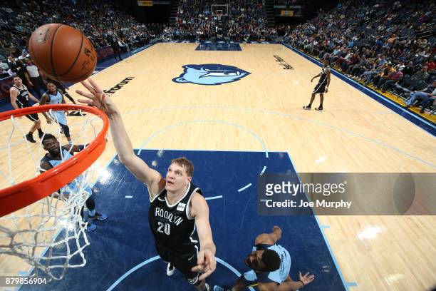 Timofey Mozgov of the Brooklyn Nets shoots the ball against the Memphis Grizzlies on November 26, 2017 at FedExForum in Memphis, Tennessee. NOTE TO...