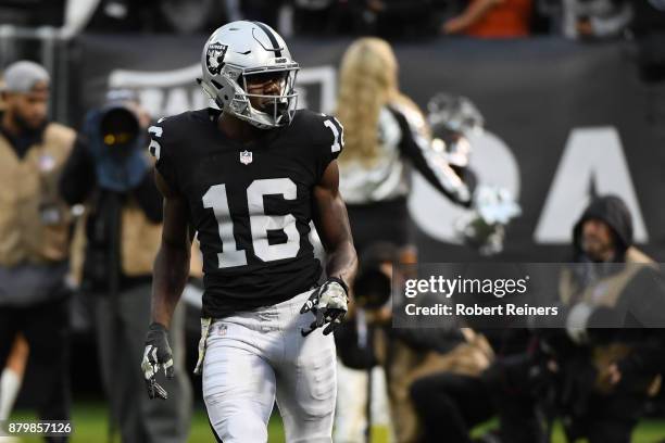 Johnny Holton of the Oakland Raiders reacts after a 47-yard catch against the Denver Broncos during their NFL game at Oakland-Alameda County Coliseum...