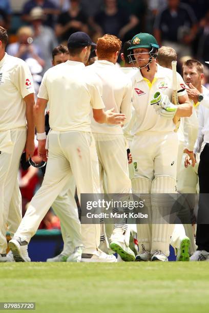 Jonny Bairstow of England and Cameron Bancroft of Australia shakes hands after Australia won the match on day five of the First Test Match of the...