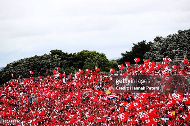 Tongan fans show their support during the 2017 Rugby League World Cup Semi Final match between Tonga and England at Mt Smart Stadium on November 25,...