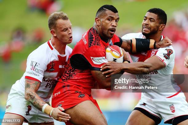 Manu Ma'u of Tonga charges forward during the 2017 Rugby League World Cup Semi Final match between Tonga and England at Mt Smart Stadium on November...