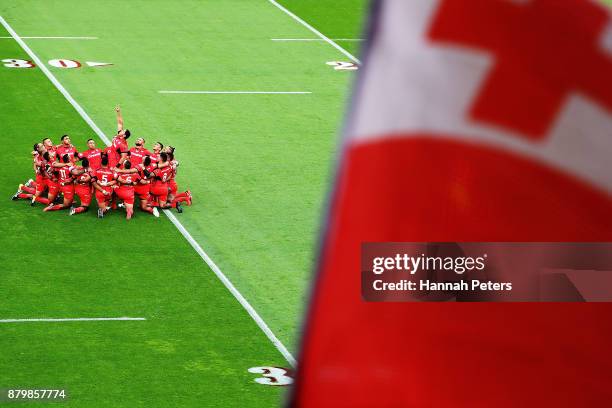 Jason Taumalolo of Tonga leads the Sipi Tau ahead of the 2017 Rugby League World Cup Semi Final match between Tonga and England at Mt Smart Stadium...