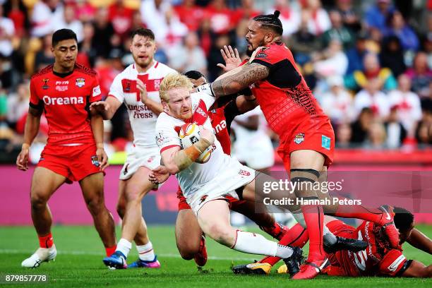 James Graham of England charges forward during the 2017 Rugby League World Cup Semi Final match between Tonga and England at Mt Smart Stadium on...