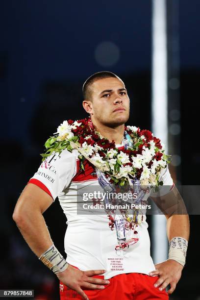 Tuimoala Lolohea of Tonga reacts after losing the 2017 Rugby League World Cup Semi Final match between Tonga and England at Mt Smart Stadium on...