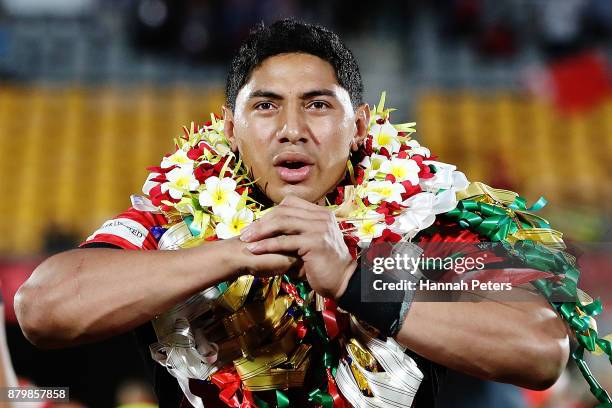 Jason Taumalolo of Tonga leads the Sipi Tau for the crowd after losing the 2017 Rugby League World Cup Semi Final match between Tonga and England at...