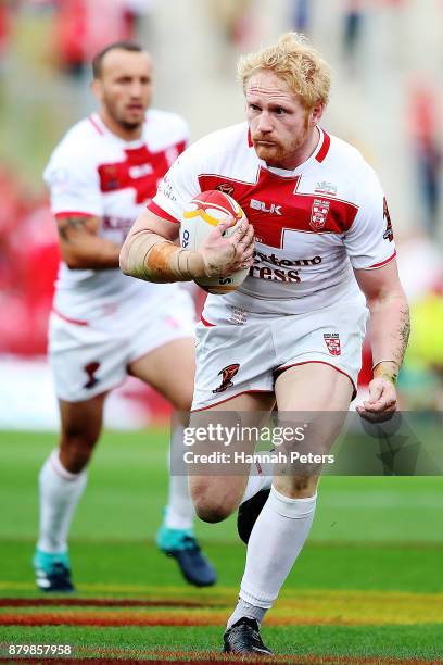 James Graham of England charges forward during the 2017 Rugby League World Cup Semi Final match between Tonga and England at Mt Smart Stadium on...