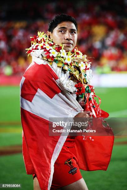 Jason Taumalolo of Tonga looks out of Tonga the crowd after losing the 2017 Rugby League World Cup Semi Final match between Tonga and England at Mt...