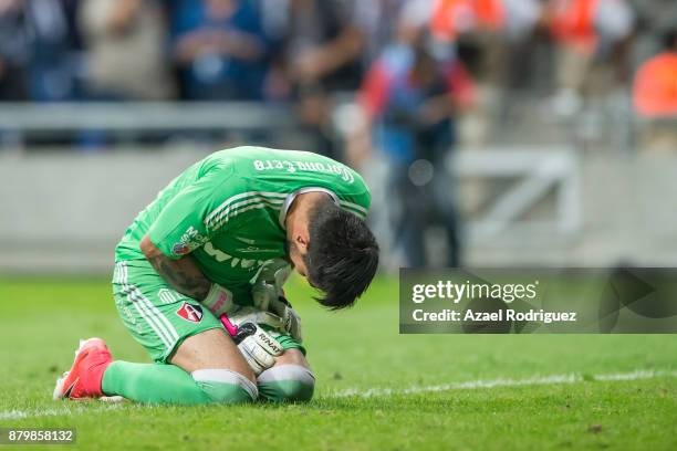 Miguel Angel Fraga, goalkeeper of Atlas, reacts after being injuried during the quarter finals second leg match between Tigres UANL and Leon as part...