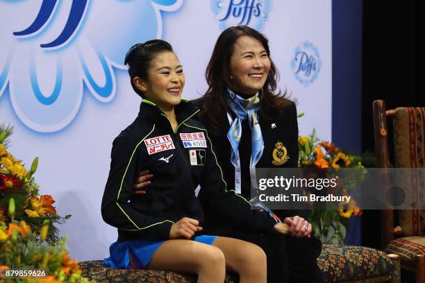 Satoko Miyahara of Japan reacts after competing in the Ladies' Free Skate during day three of 2017 Bridgestone Skate America at Herb Brooks Arena on...