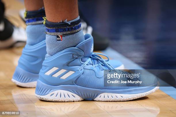 The sneakers of Chandler Parsons of the Memphis Grizzlies are seen during the game against the Brooklyn Nets on November 26, 2017 at FedExForum in...
