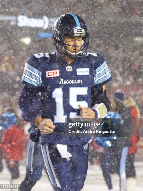 Ricky Ray of the Toronto Argonauts takes to the field prior to the 105th Grey Cup Championship Game against the Calgary Stampeders at TD Place...