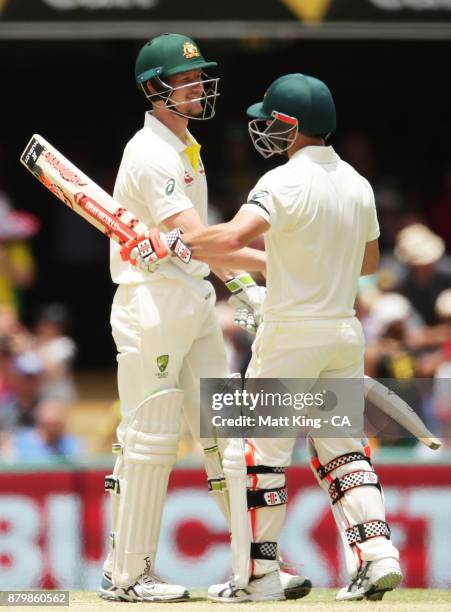 Cameron Bancroft and David Warner of Australia celebrate victory during day five of the First Test Match of the 2017/18 Ashes Series between...